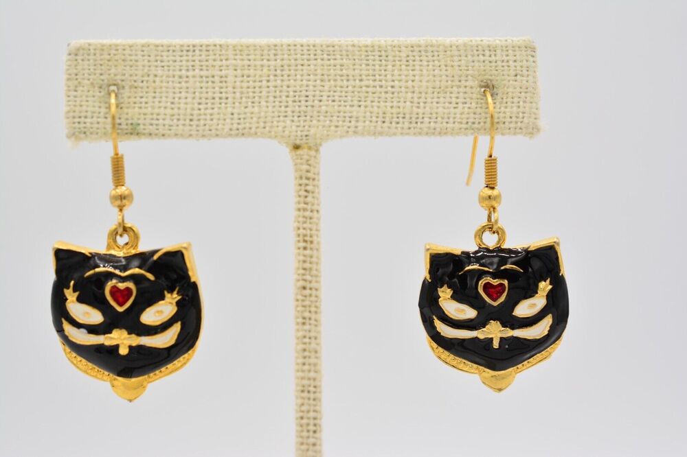 Vintage Black Cat Earrings Enamel Dangle Gold Tone Animated Figural 80s BinA6